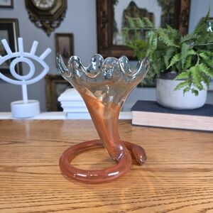 Vintage Art Glass Jack-in-the-Pulpit Vase - Orange & Amber Swirl MCM Decor 6"
